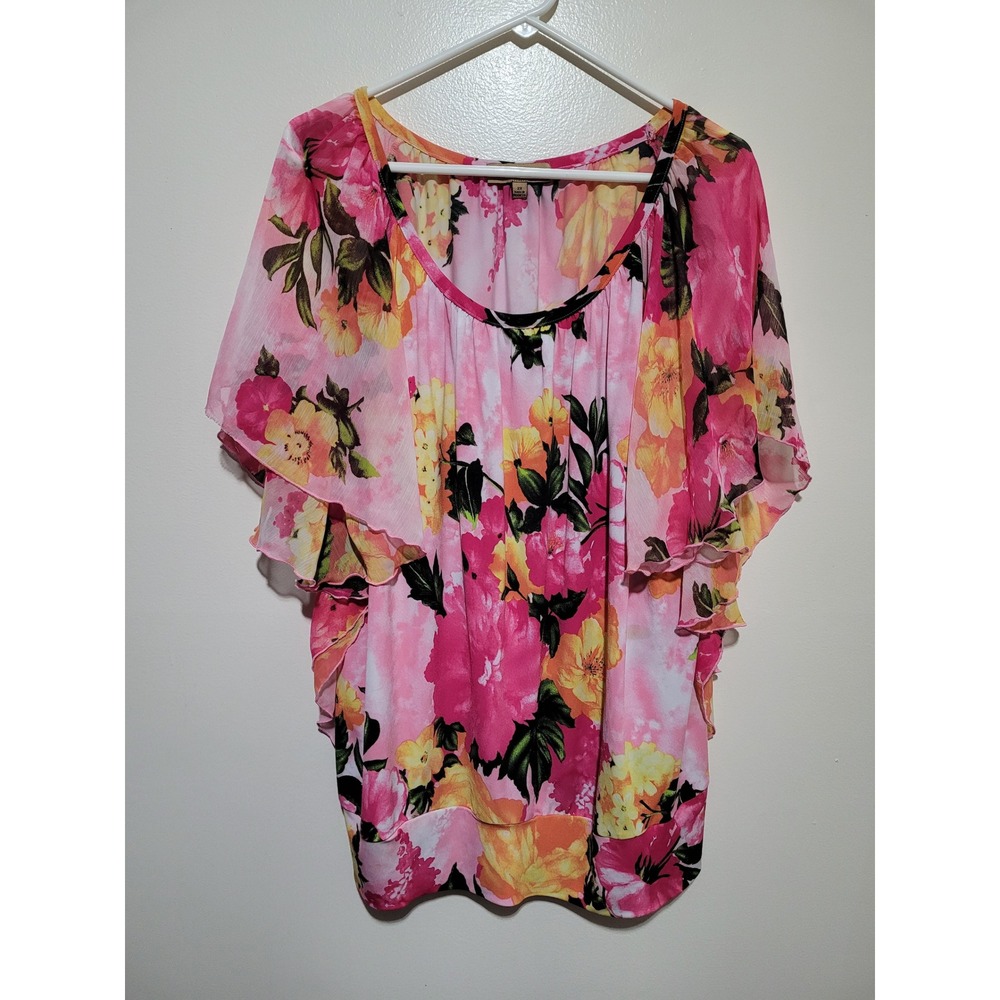 Notations Woman Blouse Women 2X Pink Floral Flutter Sleeve